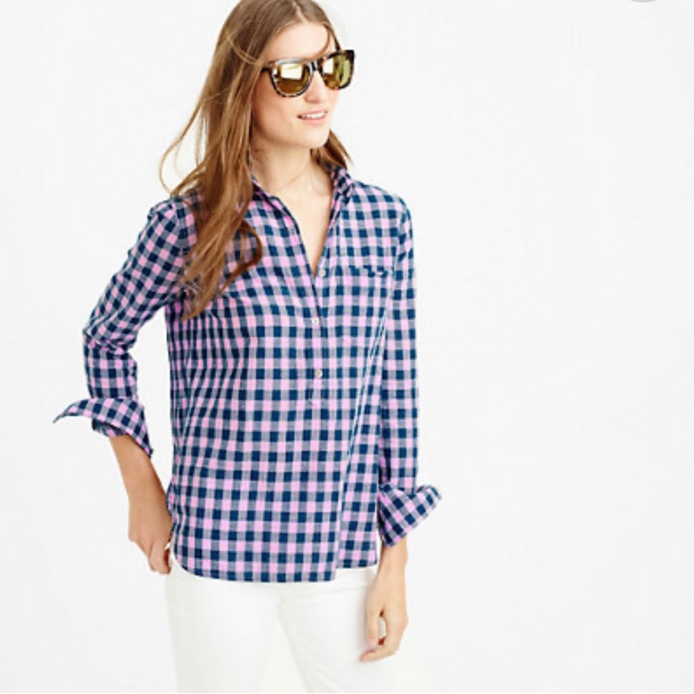 J Crew Women’s Gingham Popover 1/2 Button Long Sleeve Shirt